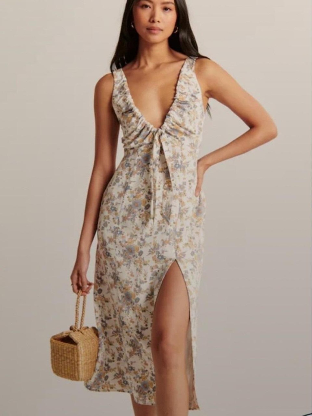Abercrombie & Fitch Cream Floral Tie-Front Midi Dress